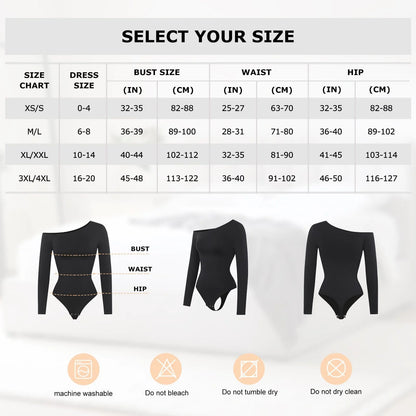 JetSetShape™ Seamless Diagonal Neck Long Sleeve Waist Trimming Thong Bodysuit