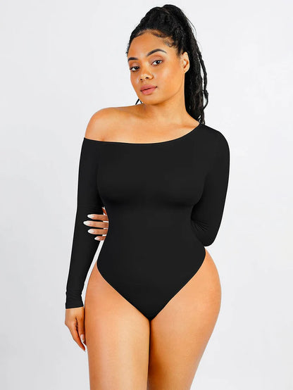 JetSetShape™ Seamless Diagonal Neck Long Sleeve Waist Trimming Thong Bodysuit