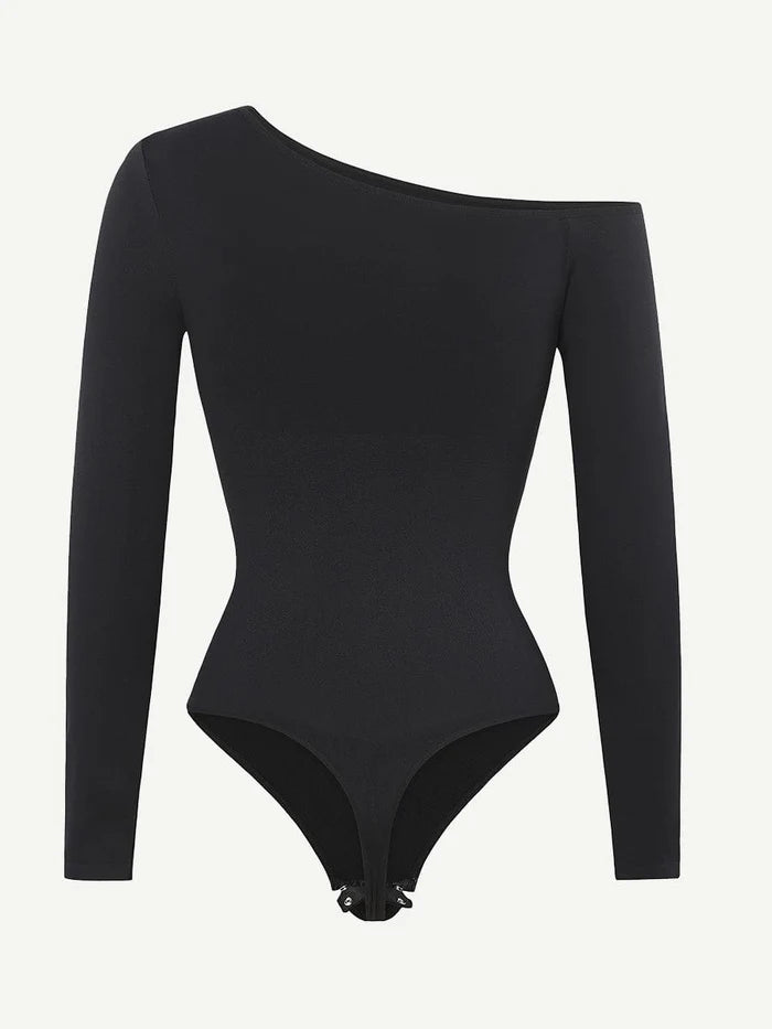 JetSetShape™ Seamless Diagonal Neck Long Sleeve Waist Trimming Thong Bodysuit