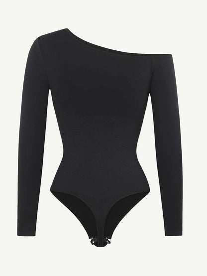 JetSetShape™ Seamless Diagonal Neck Long Sleeve Waist Trimming Thong Bodysuit