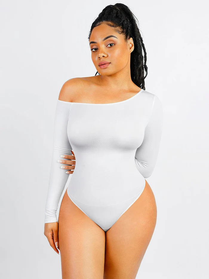 JetSetShape™ Seamless Diagonal Neck Long Sleeve Waist Trimming Thong Bodysuit