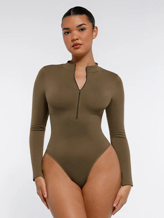 JetSetShape™ Seamless Long Sleeve Zipper Thong Bodysuit